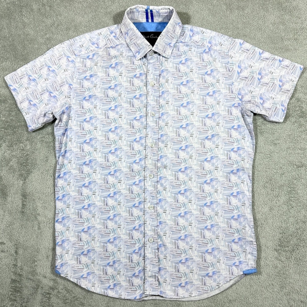 Robert Graham Shirt Men Small White Blue Geometric Modern Americana Tailored Fit